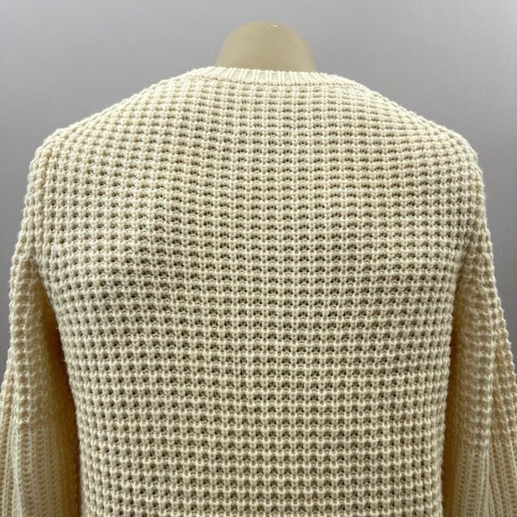 Crewneck Sweater Size M Cashmere Wool Cream White Knit Chunky Macro Waffle - Picture 10 of 10
